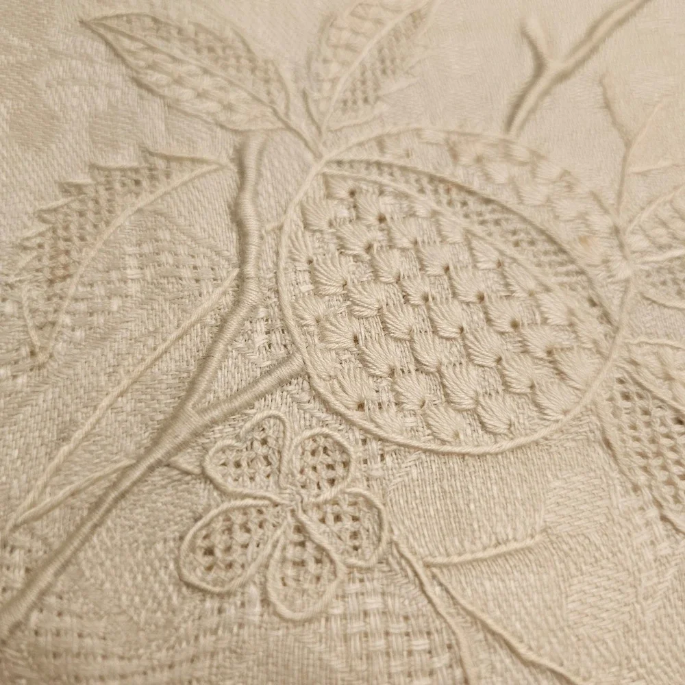 Vintage Cream Linen Napkins Hand Embroidered Fruit Damask Hemstitched Set of 2